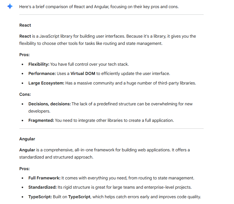 Compare and contrast the pros and cons of different front-end frameworks like React and Angular.