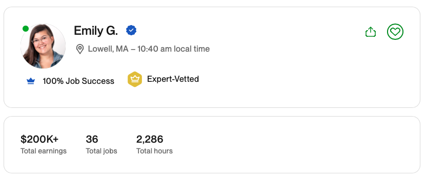 Once you’re registered for Business Plus, you’ll start seeing the Expert-Vetted talent badge on select freelancer profiles. It appears as a small yellow icon and label on vetted profiles