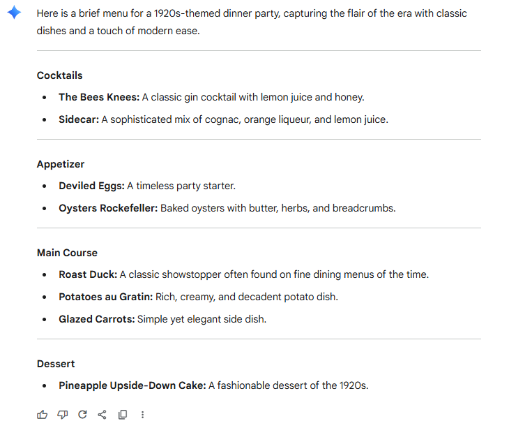 Create a menu for a 1920s-themed dinner party.