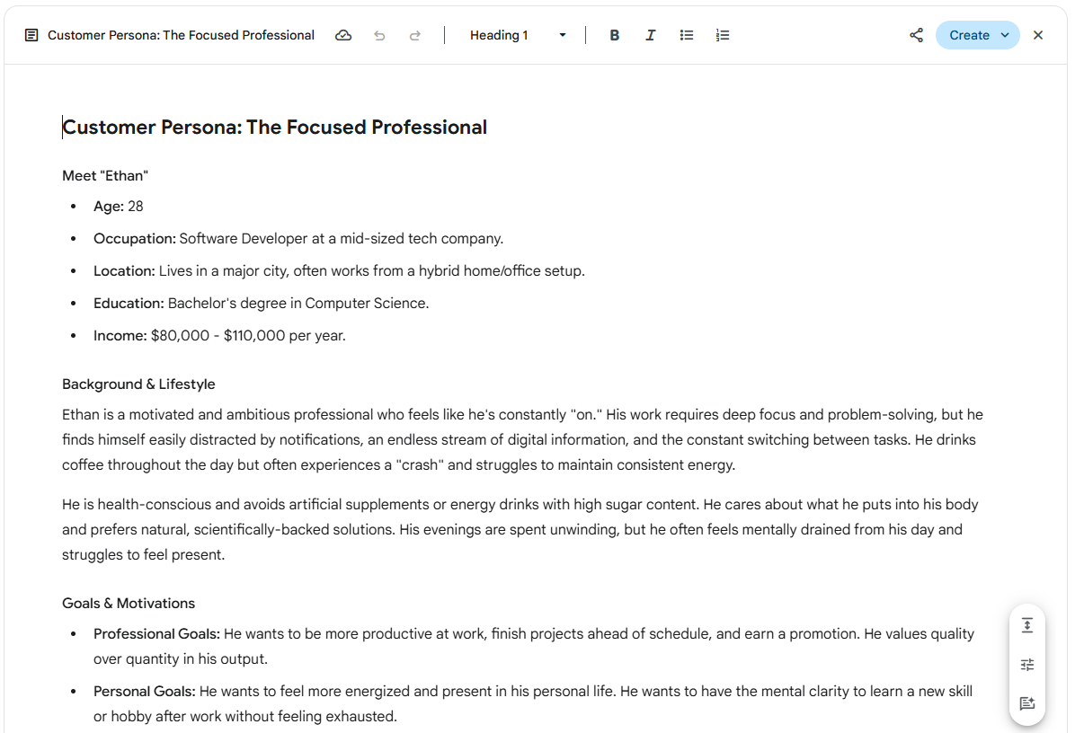 Create a customer persona for a product designed to naturally enhance focus.
