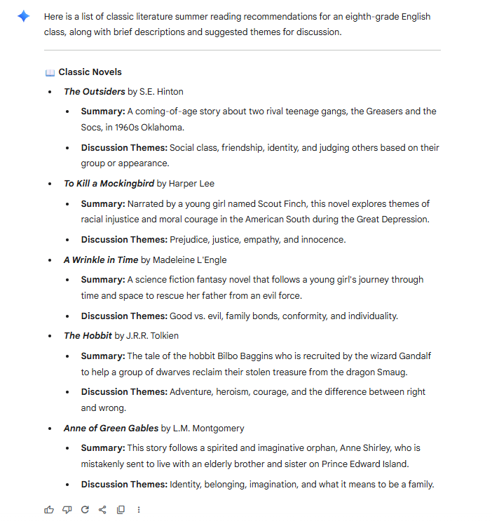 List of classic literature summer reading recommendations for an eighth-grade English class.