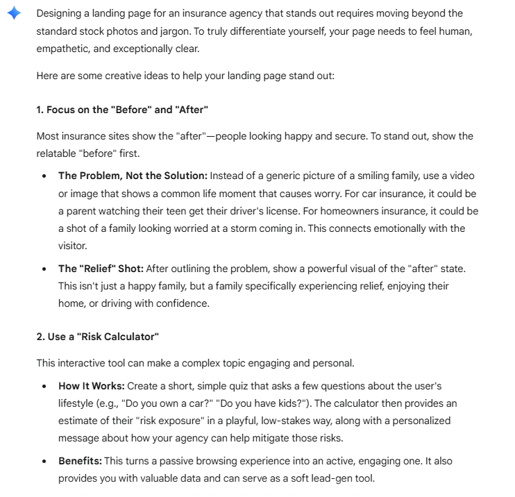 Generate creative ideas I can use to design a landing page for an insurance agency that stands out from the competition.
