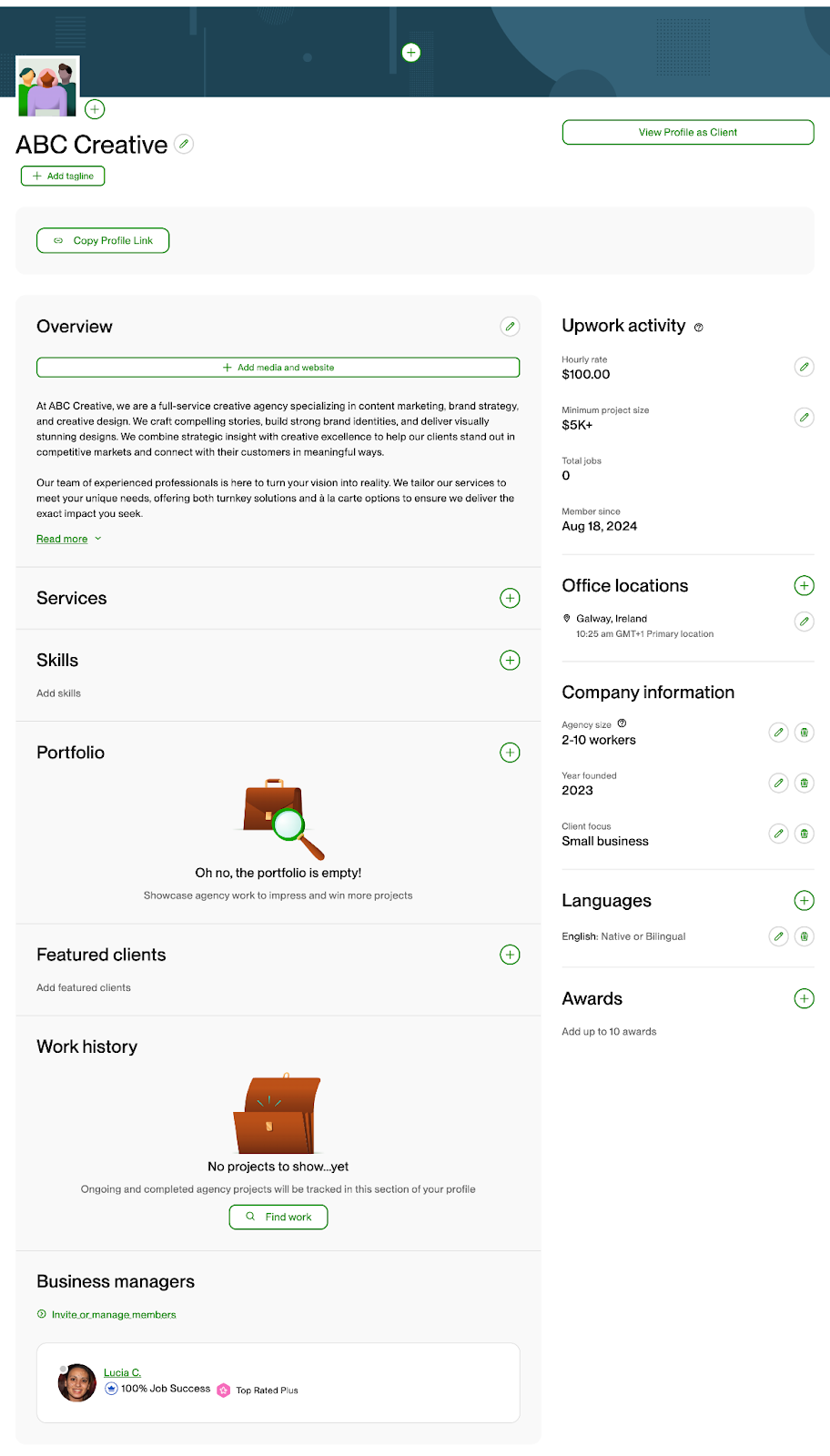 Your new agency profile is ready to customize so it reflects your brand, your team, and the kind of work you want to attract. To update your profile details, click your profile icon in the top right corner of the page and select Agency Profile from the menu.