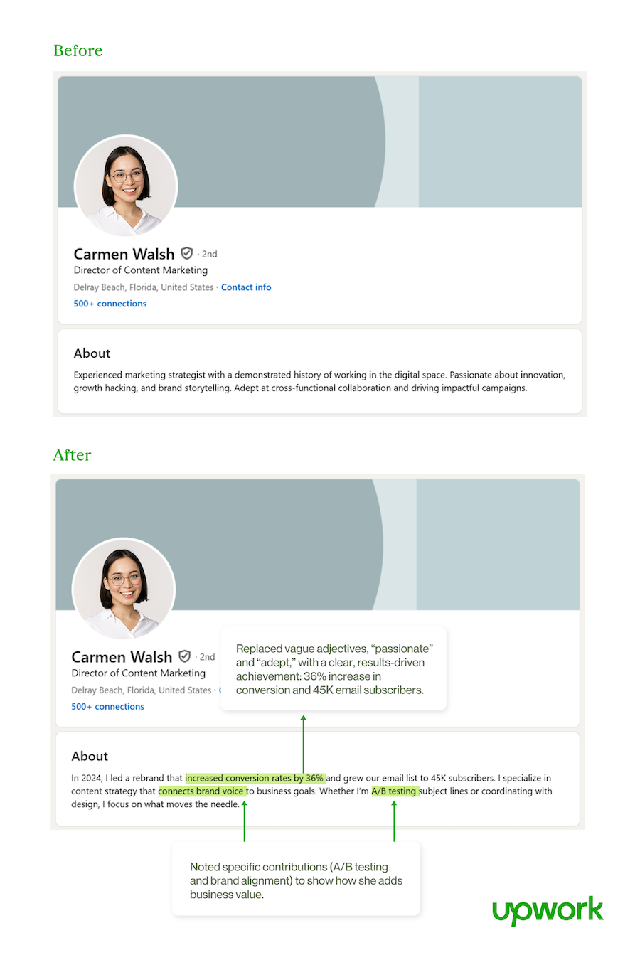 Carmen Walsh Upwork profile before and after