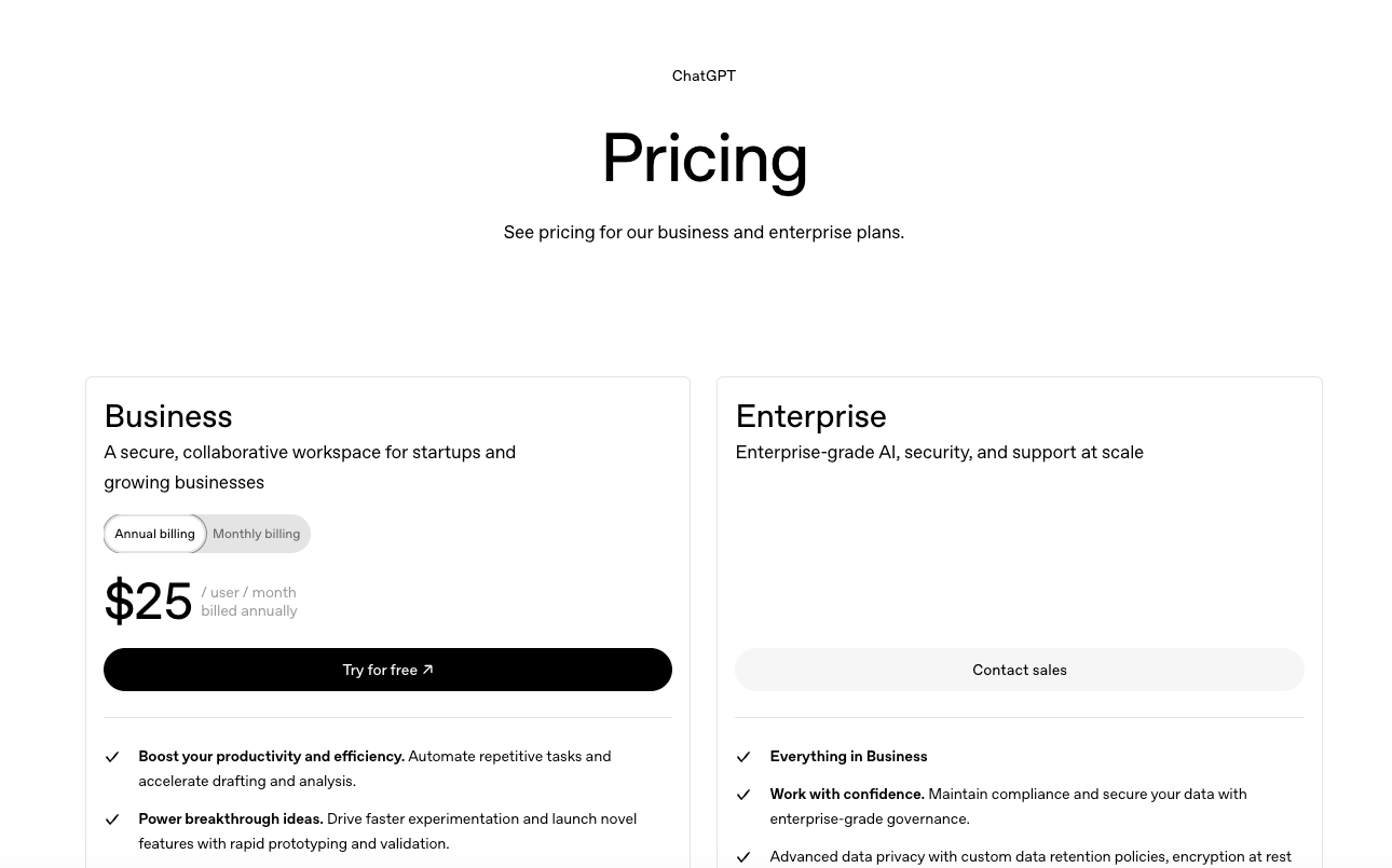 ChatGPT Pricing for Business and Enterprise plans