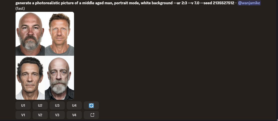 We then used the same prompt, but adding the seed number, to generate the following nearly similar characters