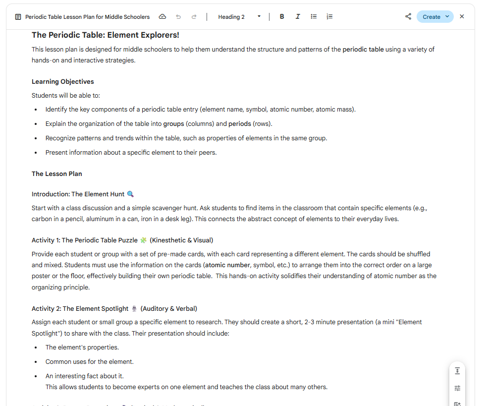 Lesson plan for middle schoolers about the periodic table of elements that incorporates multiple learning strategies.