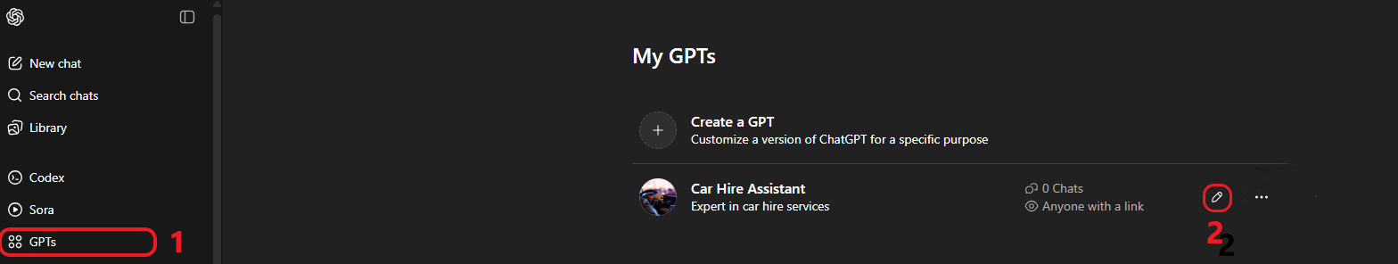 To access the link, click on GPTs and then on the pencil icon on the specific GPT you created. In our case, it's a Car Hire Assistant. 