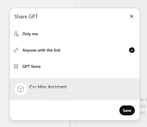 You'll see three sharing options: Only me, Anyone with the link, or Public. We chose the Anyone with the link option. Click the Save button to complete the process.