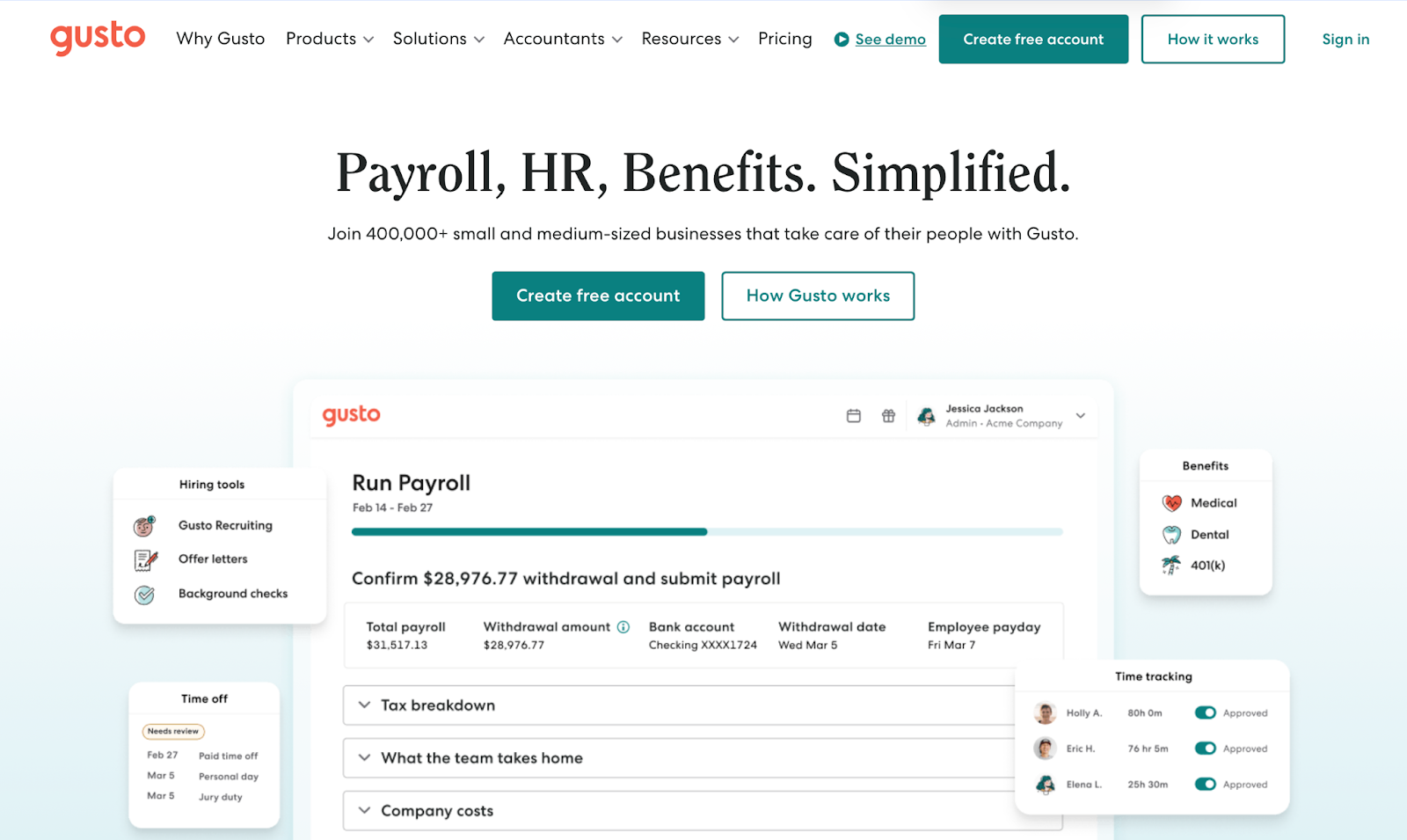 Gusto: Best for small businesses with complex payroll needs