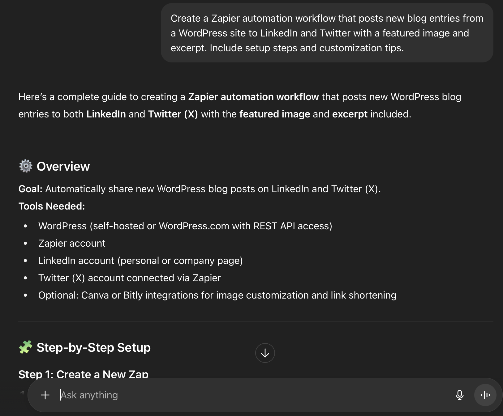 ChatGPT workflow walkthrough of a Zapier automation connecting WordPress and LinkedIn.