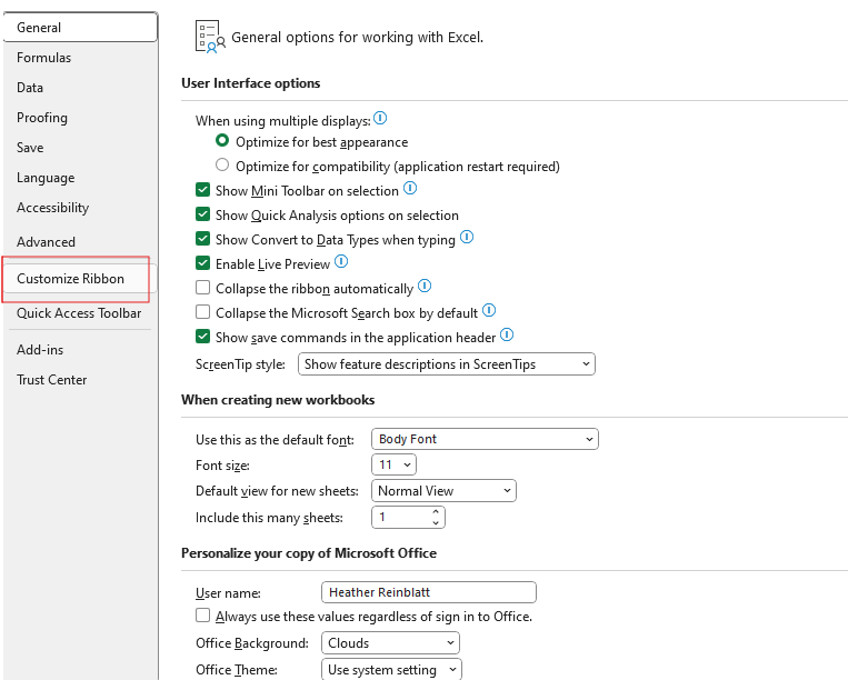 Developer Tab Customize Ribbon