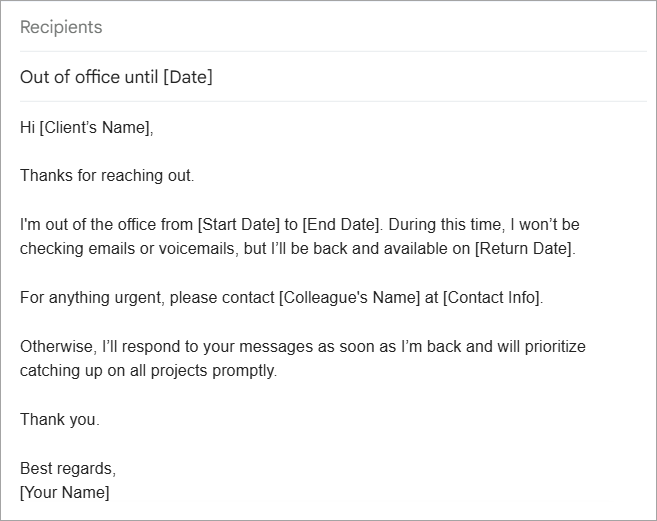 Out of Office Email Example