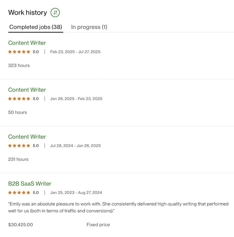 Work history, completed jobs, jobs in progress
