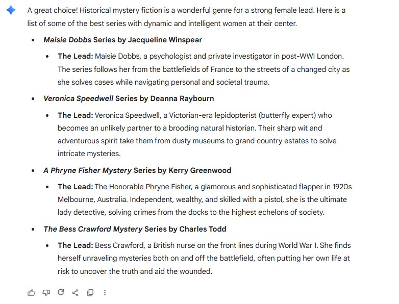 Suggest a list of historical mystery fiction books with a strong female lead.
