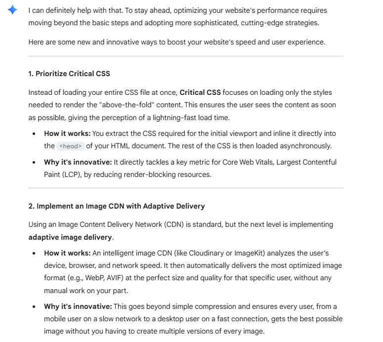 Create a list of new and innovative strategies I can use to optimize my website's performance.