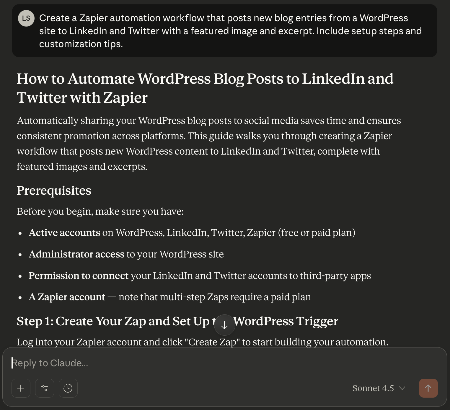 Claude workflow walkthrough of a Zapier automation connecting WordPress and LinkedIn.
