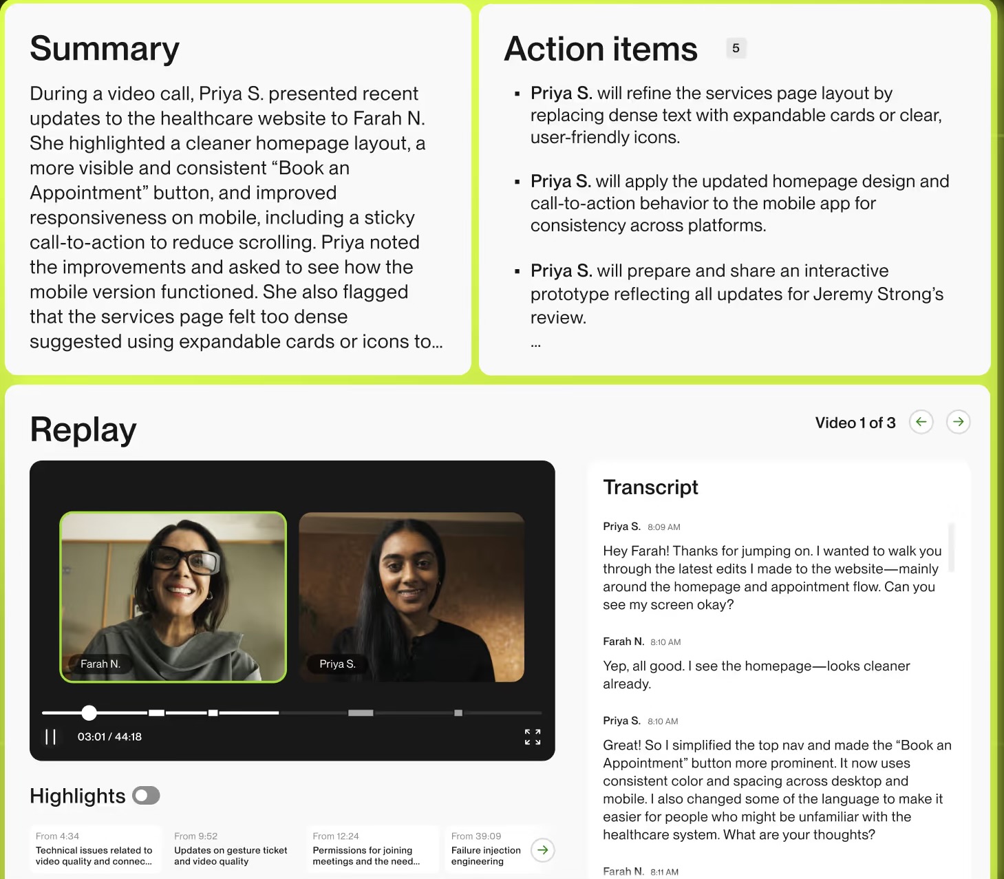 You can use Upwork Messages to converse via chat, audio, or video. Plus, if you opt for a video call, you can get automatic call summaries, action items, and recordings from Uma, Upwork's Mindful AI. You don’t need to worry about remembering exactly what was said, asking the other party for a transcript afterward, or taking notes during the call — Uma does it for you.