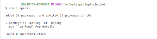 Next, install the OpenAI dependency using the npm i openai command. You should see the following output if OpenAI was successfully installed.