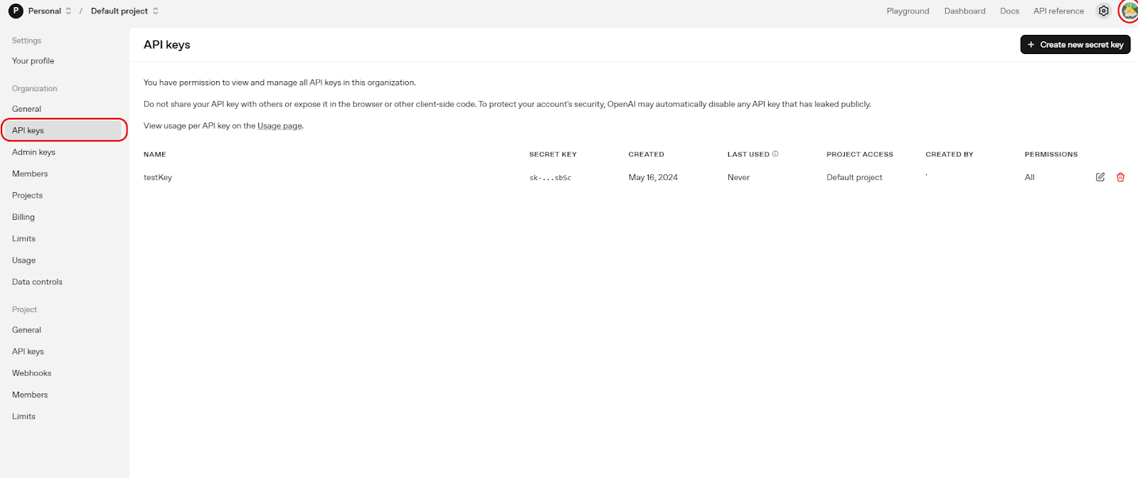 Click on your profile icon at the top right corner and then API keys.