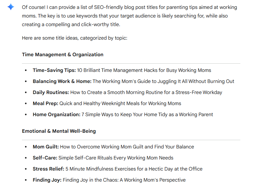 Generate SEO title ideas for a blog about parenting tips for working moms