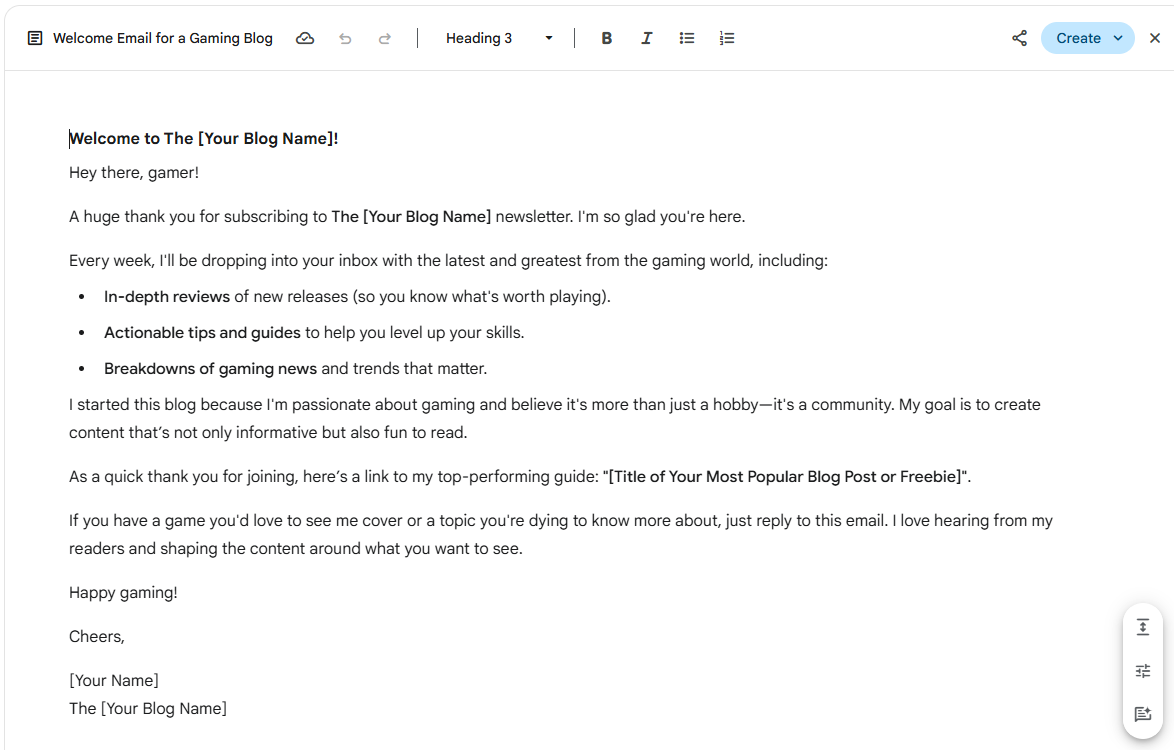 Write a welcome email for new subscribers to my weekly gaming blog
