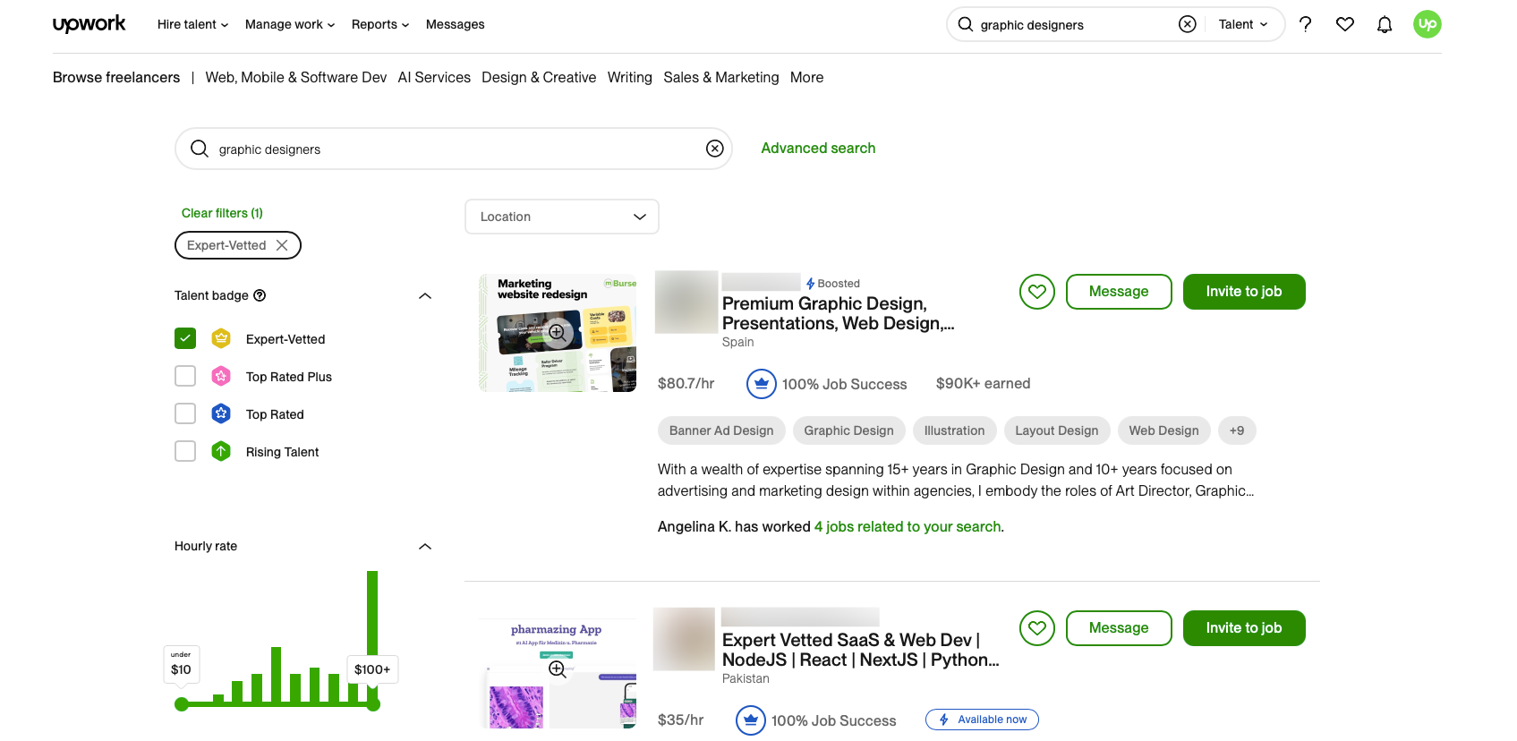 You can even filter Upwork talent search results to only view Expert-Vetted talent if you prefer