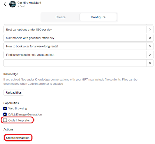 You can add new actions by clicking the “Create new action” button at the bottom of the page.
