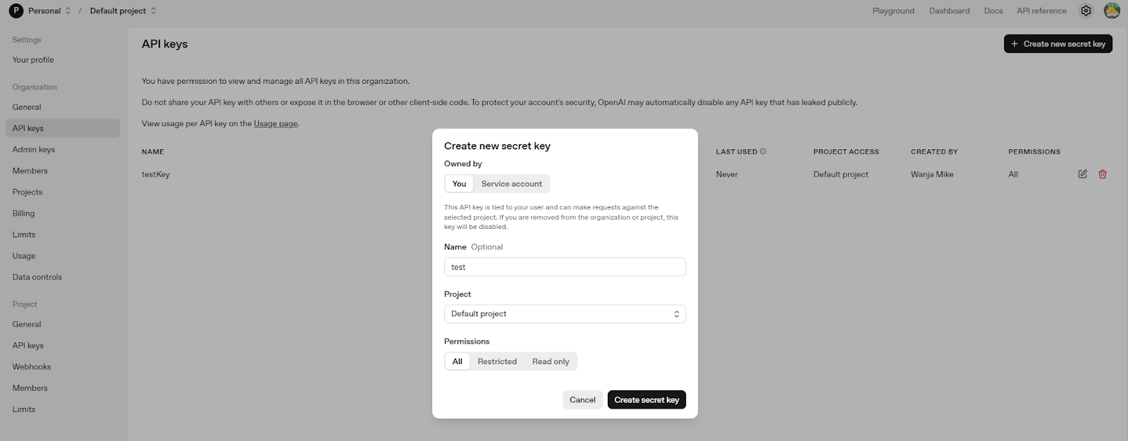 If you've generated OpenAI's API keys before, they'll appear on the above page. If you haven't, create a new one by clicking the “Create new secret key” button at the top right corner of the page.