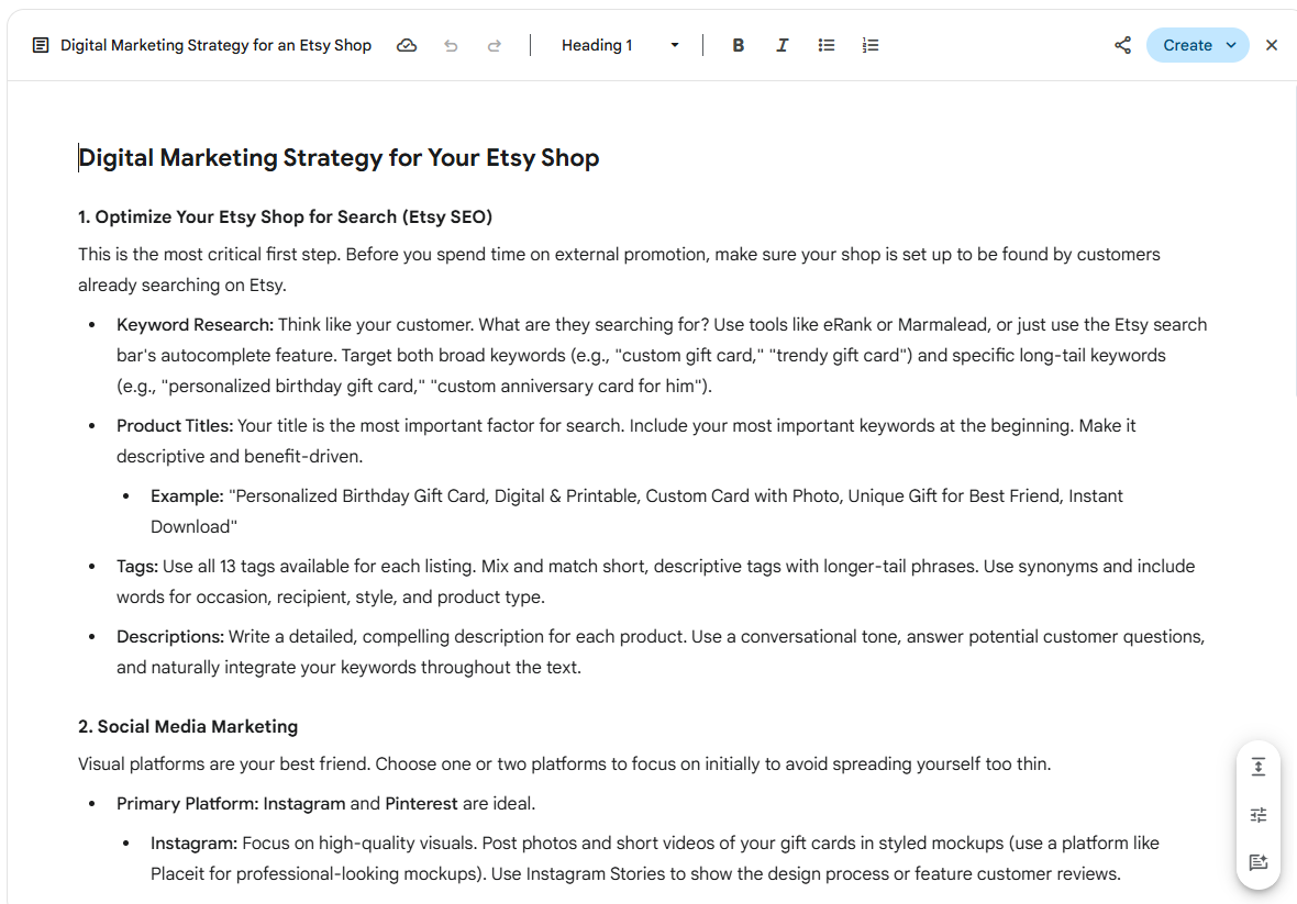 I just opened an Etsy shop that sells trendy customized gift cards. Outline a digital marketing strategy for increasing sales.