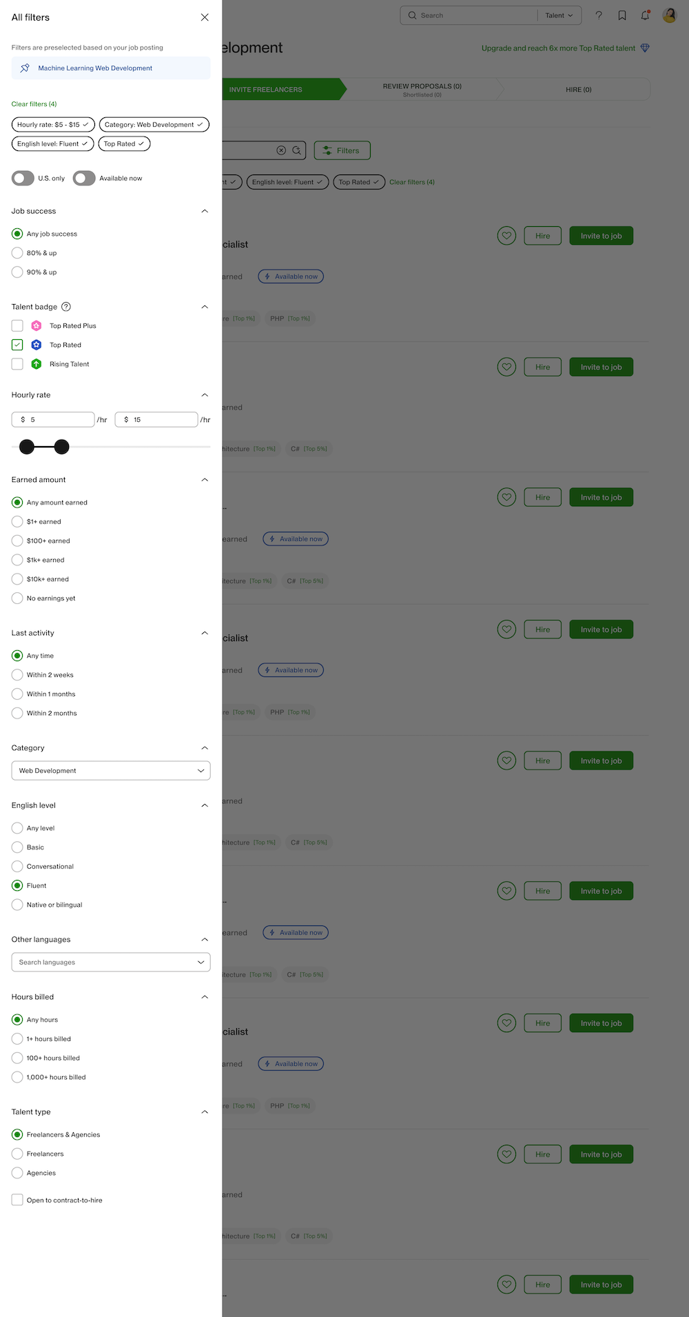 Smarter filters in the Invite Freelancers tab to customize your search