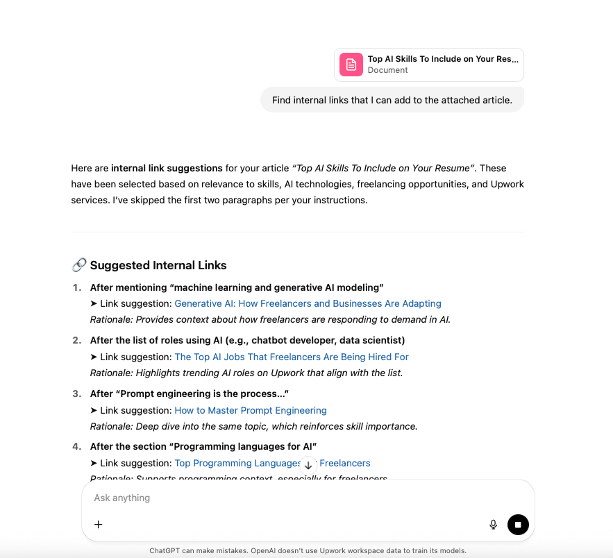 ChatGPT internal link suggestions prompt