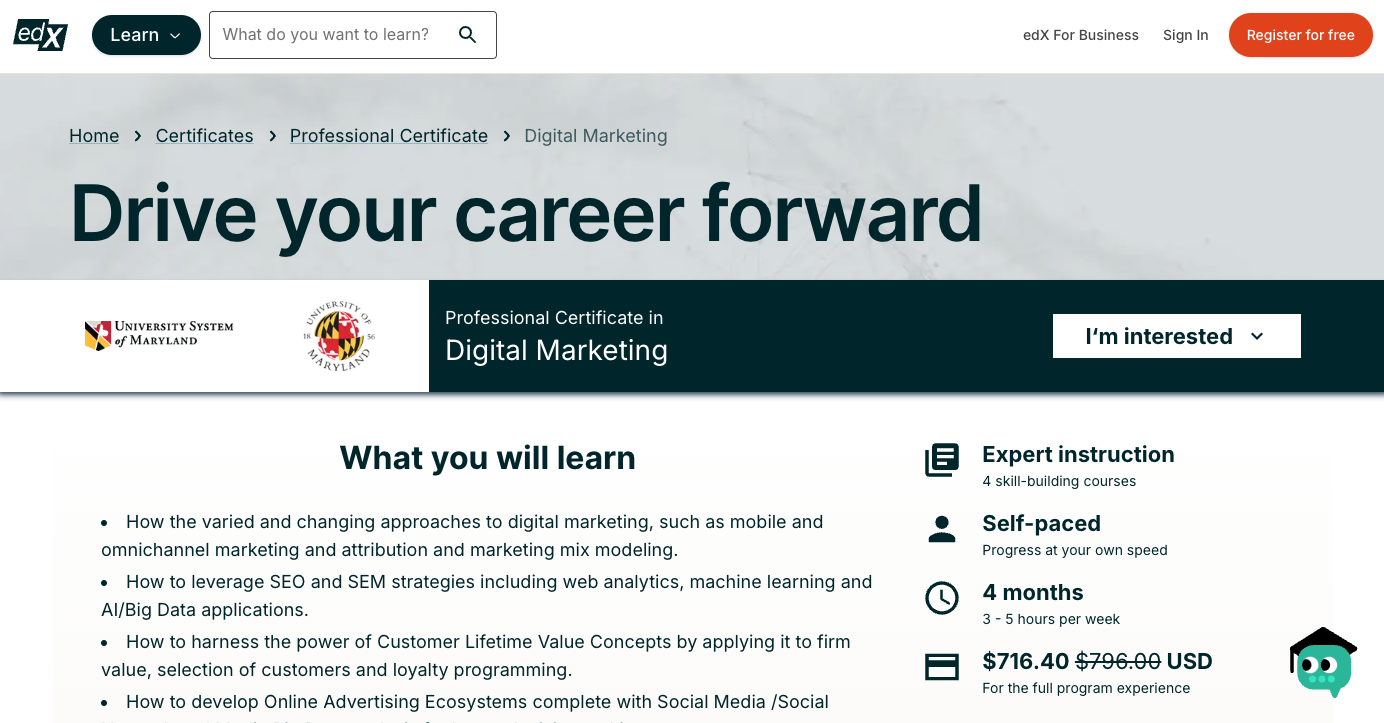 edX: USMx and UMD's Digital Marketing Professional Certificate